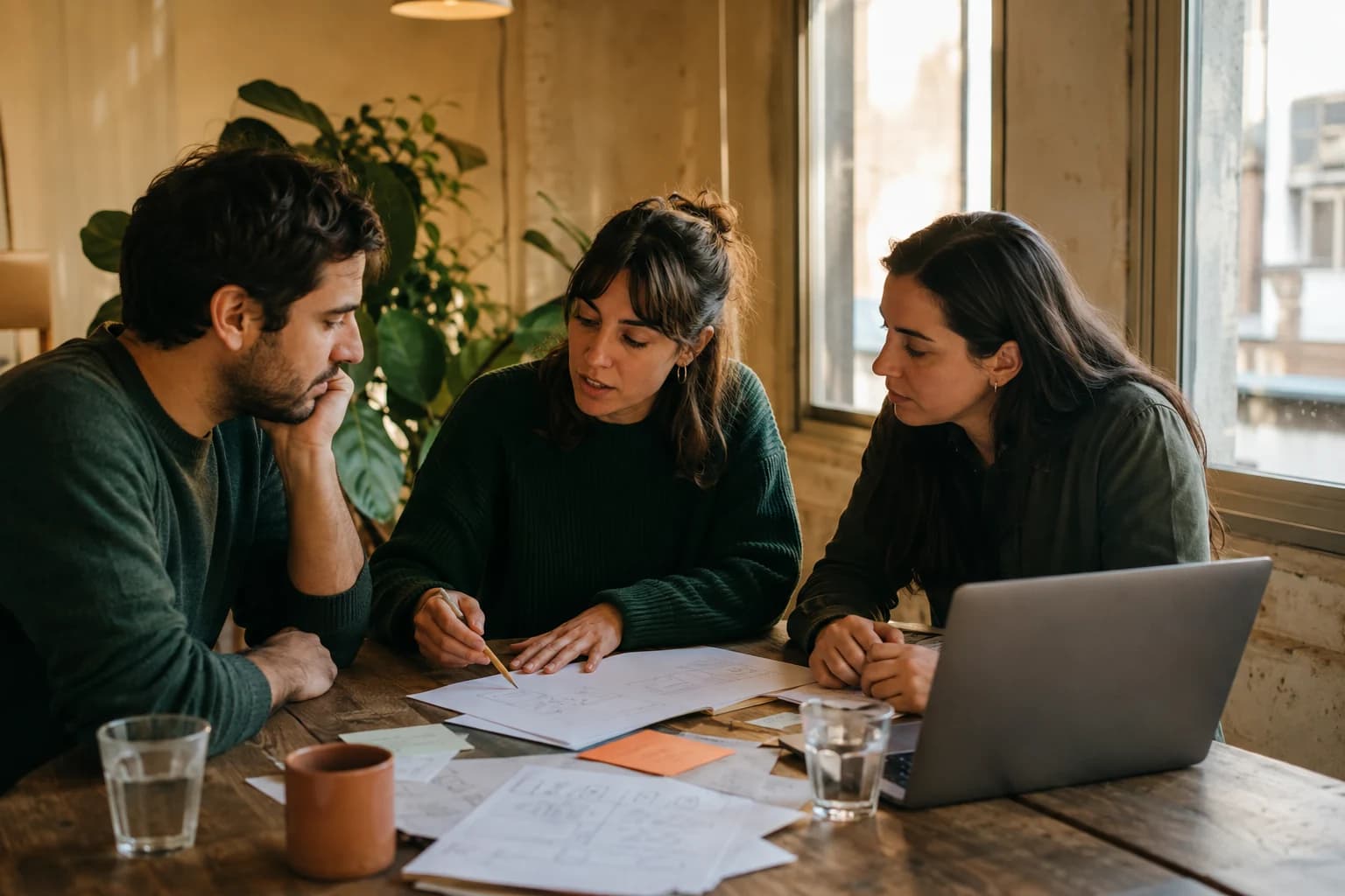 Tres profesionales conversan y dibujan un proceso sobre una mesa de trabajo