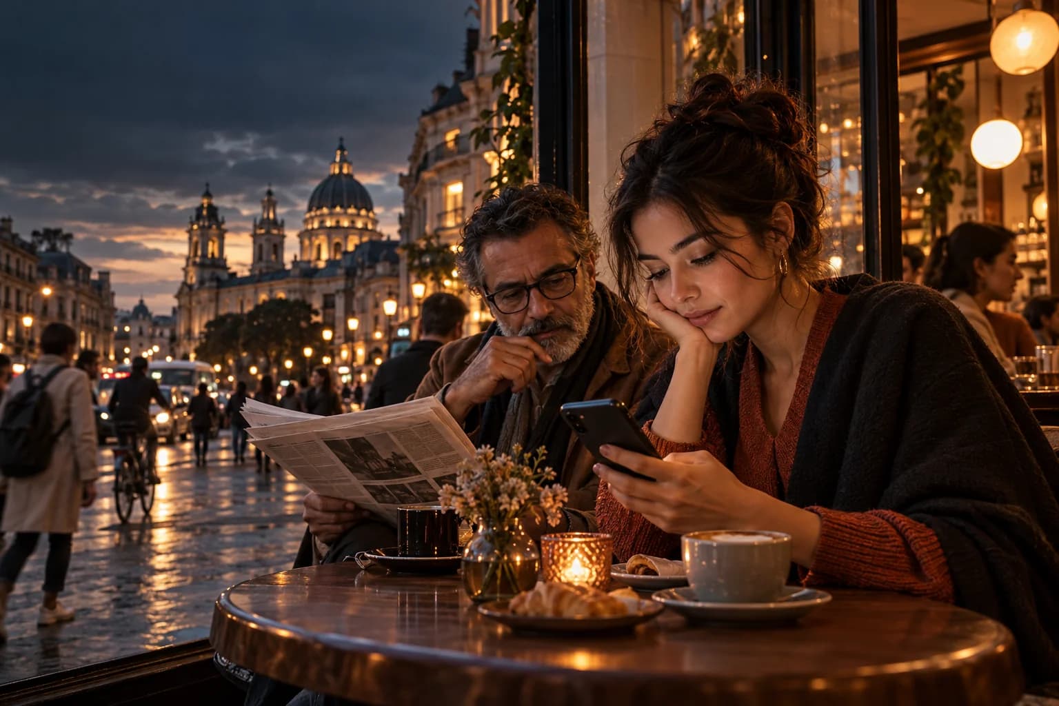 Dos personas consultan noticias en un café de ciudad; escena ilustrativa de acceso a la actualidad.