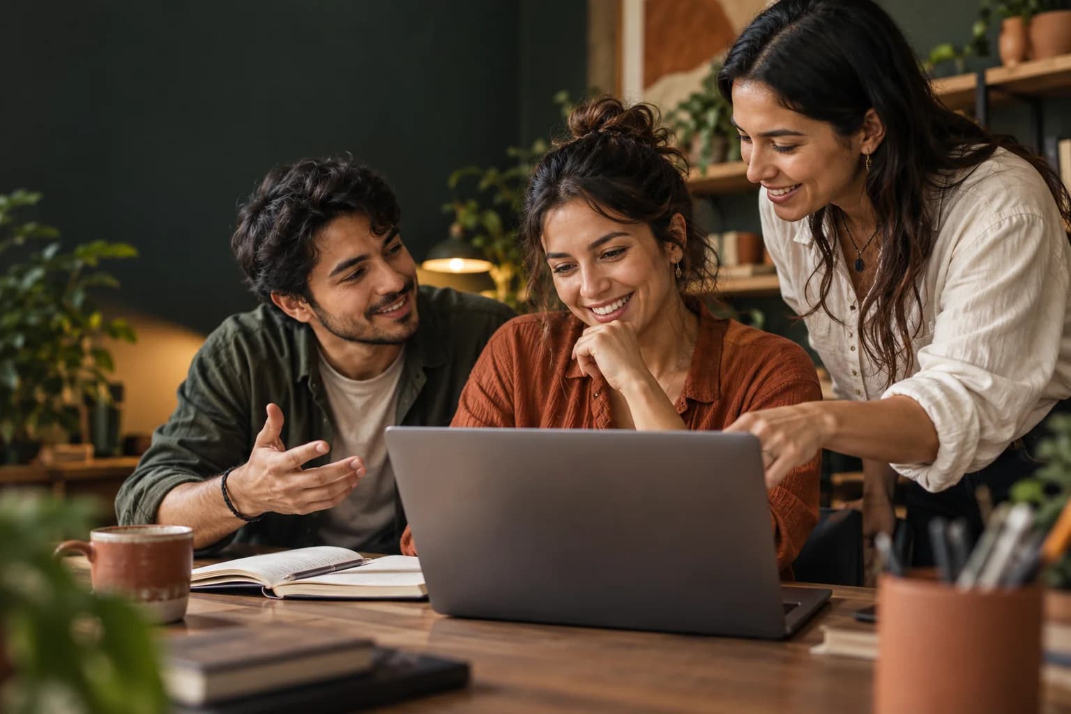 Personas adultas aprenden juntas frente a una computadora; escena ilustrativa de aprendizaje acompañado.