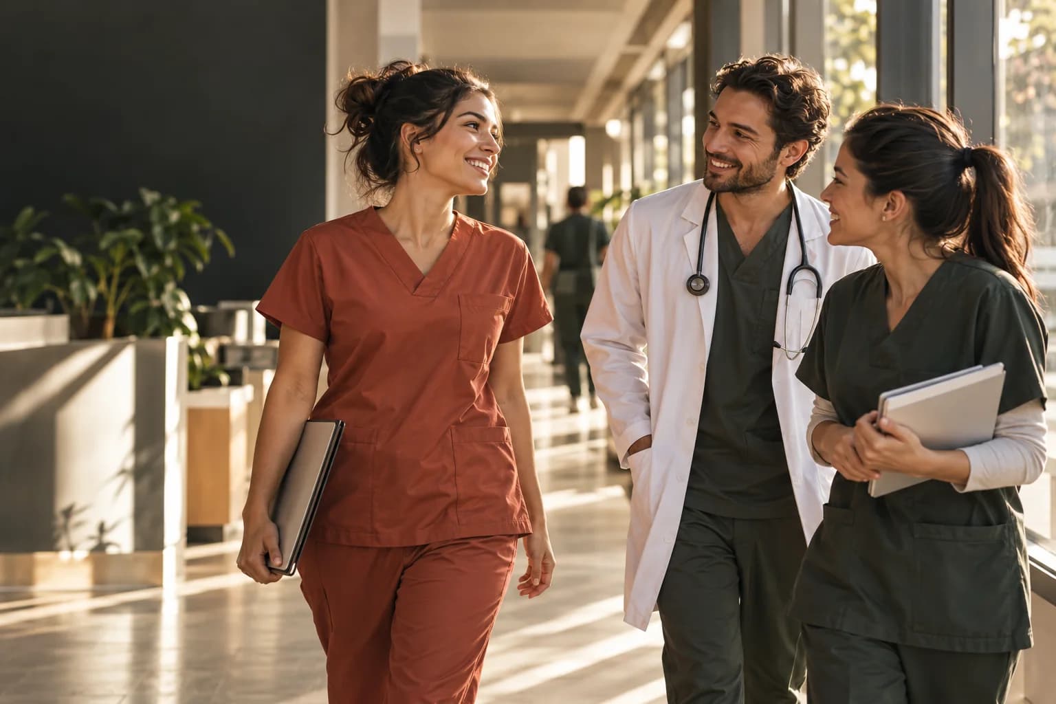 Una profesional de enfermería se encuentra con colegas en una clínica; escena ilustrativa de oportunidades laborales en salud.