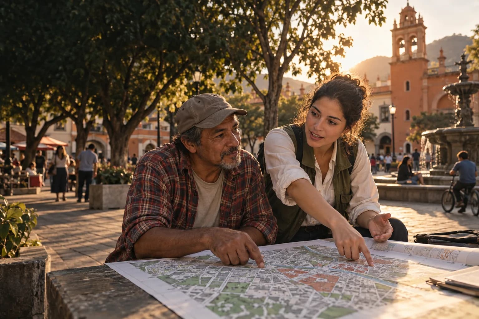 Una profesional y un vecino revisan un mapa del barrio en una plaza; escena ilustrativa de escucha ciudadana.